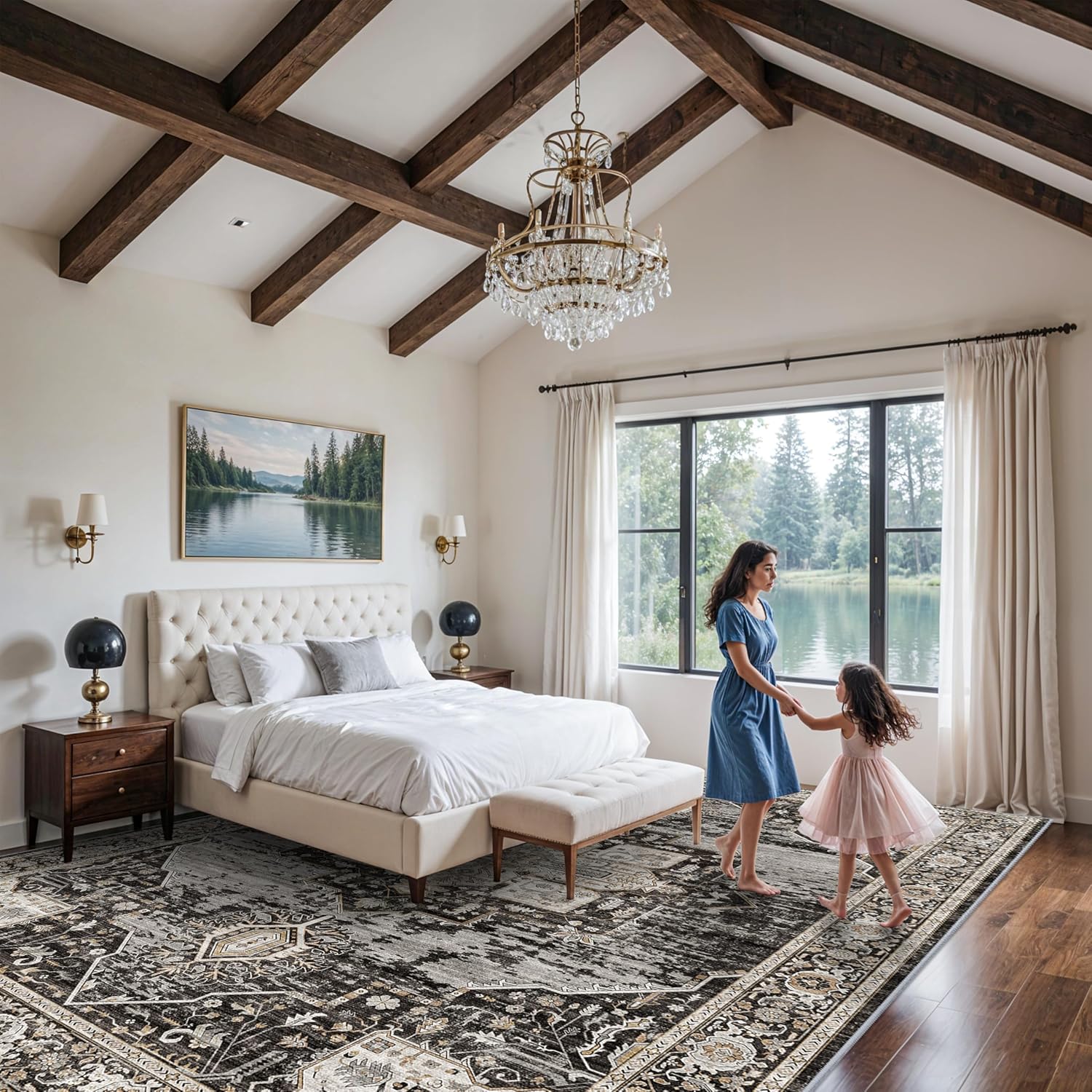 Living Room 12x18 Area Rug - Large Washable Area Rugs with Non Slip Backing Stain Resistant Carpet Indoor Soft Carpets Distressed Decoration Mat for Bedroom Dining Room 12x18 Black