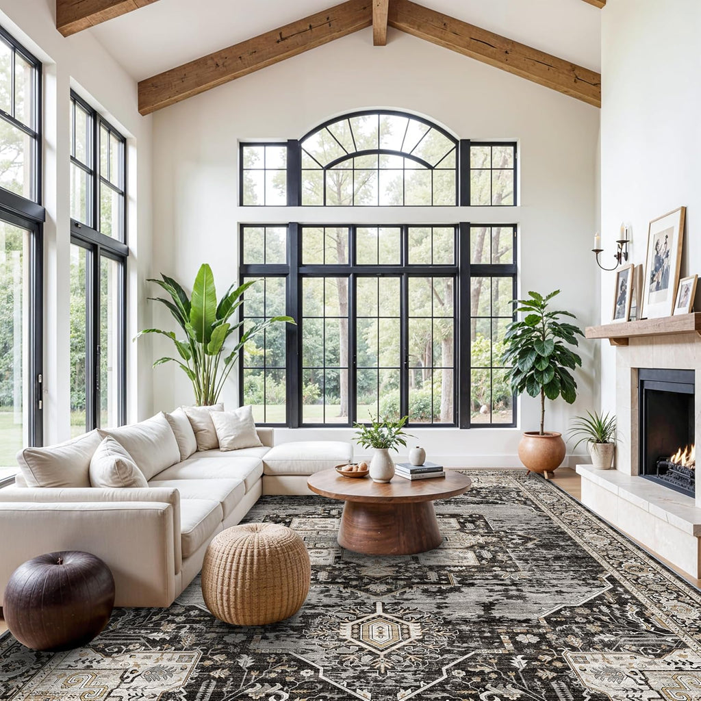 Living Room 12x18 Area Rug - Large Washable Area Rugs with Non Slip Backing Stain Resistant Carpet Indoor Soft Carpets Distressed Decoration Mat for Bedroom Dining Room 12x18 Black