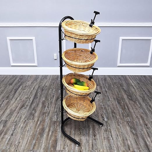 FixtureDisplays® 4 Tier Basket Stand, Sign Clips, Wicker Grocery Store Rack Display, Market Basket Rack Kitchen Toiletry Organizer 15.0" X 16.0 X 47.0" 15603