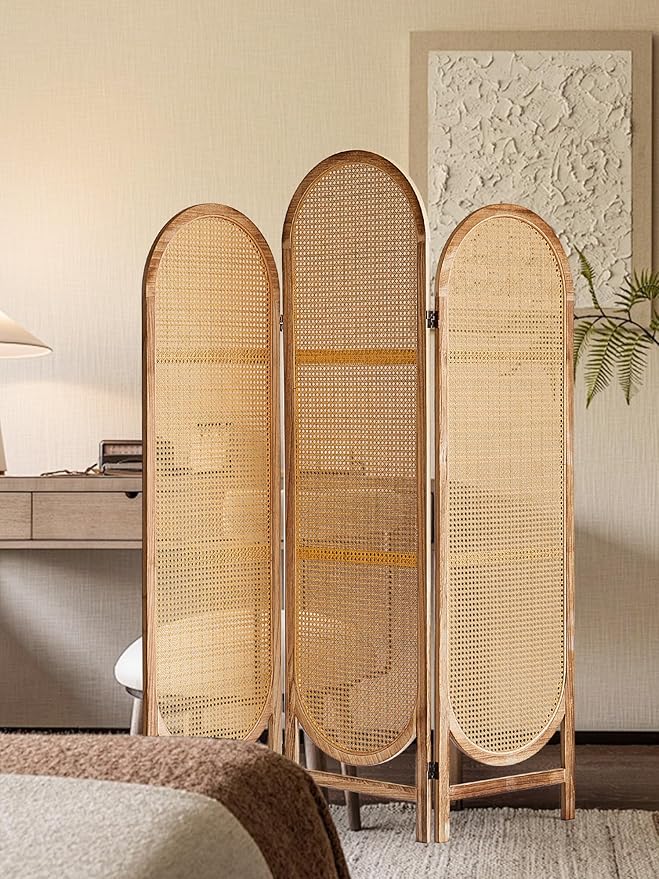 3 Panel Room Dividers and Folding Privacy Screens, Hand-Made Rattan Room Divider with Bi-Directional Hinge, Pre-Assembled Wood Privacy Dividers for Home Office Bedroom, Hotel Decorations