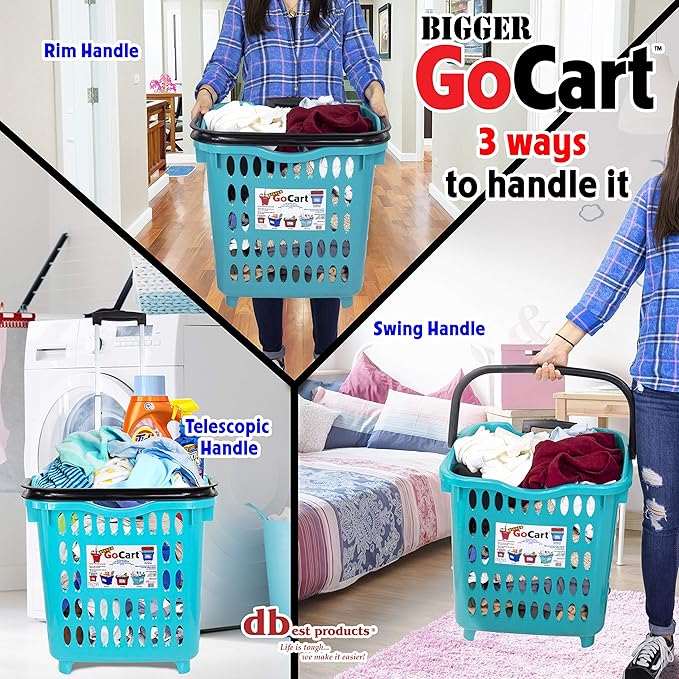 dbest products Bigger GoCart Grocery Cart Rolling Shopping Laundry Basket on Wheels Hamper with Telescopic Handle Cleaning Caddy Trolley, Teal, Bigger 1 pack
