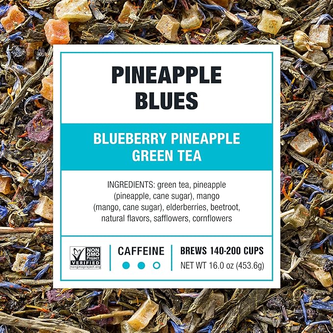Tiesta Tea - Pineapple Blues, Loose Leaf, Blueberry Pineapple Green Tea, Premium Tropical Blend, Medium Caffeinated, Brews Up to 200 Cups, 16oz Resealable Bulk Pouch