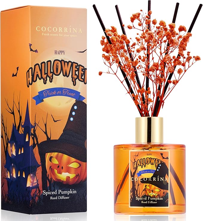 COCORRÍNA Reed Diffuser - Spiced Pumpkin 6.7 fl oz Scented Diffuser with 8 Sticks Home Fragrance Bathroom Shelf Decor (Halloween Collection)