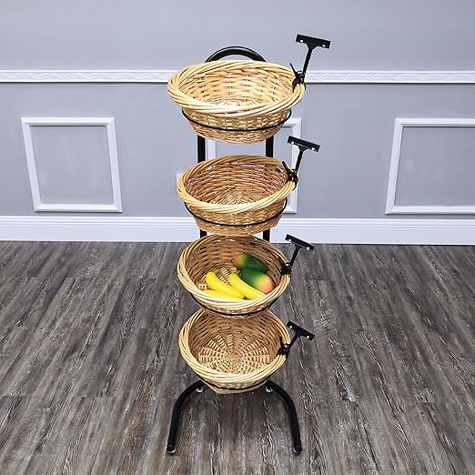 FixtureDisplays® 4 Tier Basket Stand, Sign Clips, Wicker Grocery Store Rack Display, Market Basket Rack Kitchen Toiletry Organizer 15.0" X 16.0 X 47.0" 15603