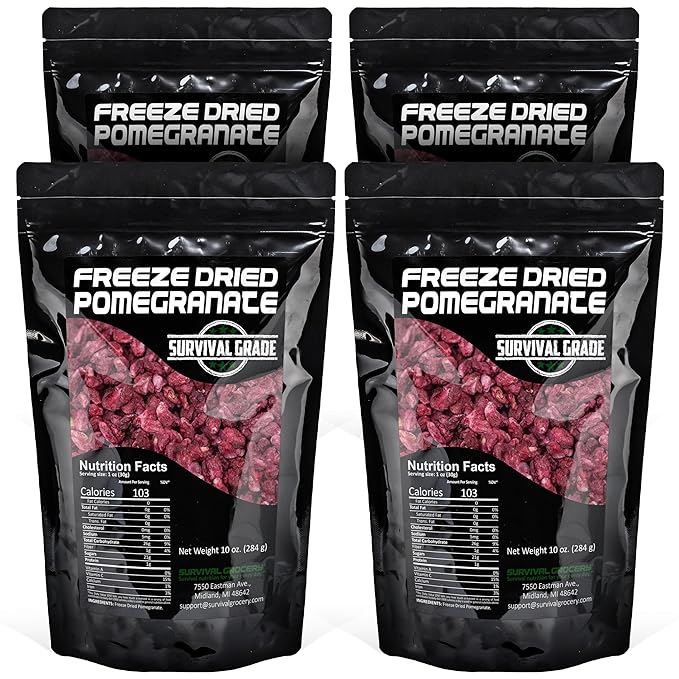 Survival Grocery® Freeze Dried Pomegranate Seeds/Arils – No Sugar Added, No Preservatives, Rich in Antioxidants & Vitamin C – Ideal for Oatmeal, Smoothies, Granola or Snacking (40 oz./4 Bags)
