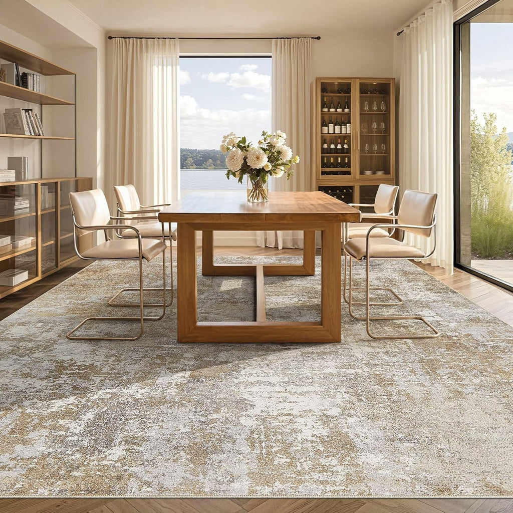 Tortania Washable 10x14 Area Rug for Living Room: Modern Abstract Neutral Large Soft Thin Rugs - Non Slip Indoor Carpet for Bedroom Dining Room Office Nursery Home Floor Decoration - Brown Grey