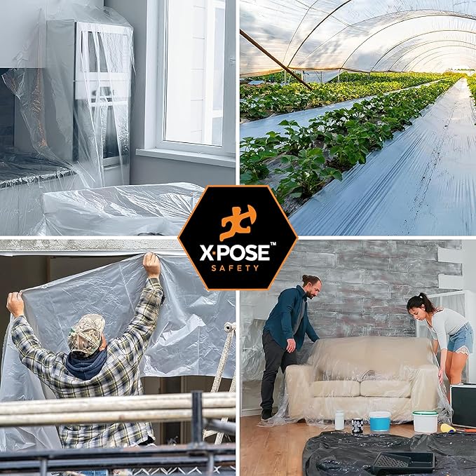 Xpose Safety Clear Plastic Sheeting 5 Pack – 12' x 100' Rolls – Heavy Duty 4 Mil Poly Sheet – Waterproof, Dustproof, Vapor Barrier – for Construction, Painting, Industrial Use