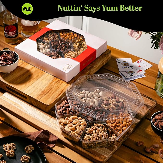 NUT CRAVINGS - Diwali Mixed Nuts Gift Basket in Red Gold Box (7 Assortments, 1 LB) Food Arrangement, Healthy Snack Care Package, Food Assortments