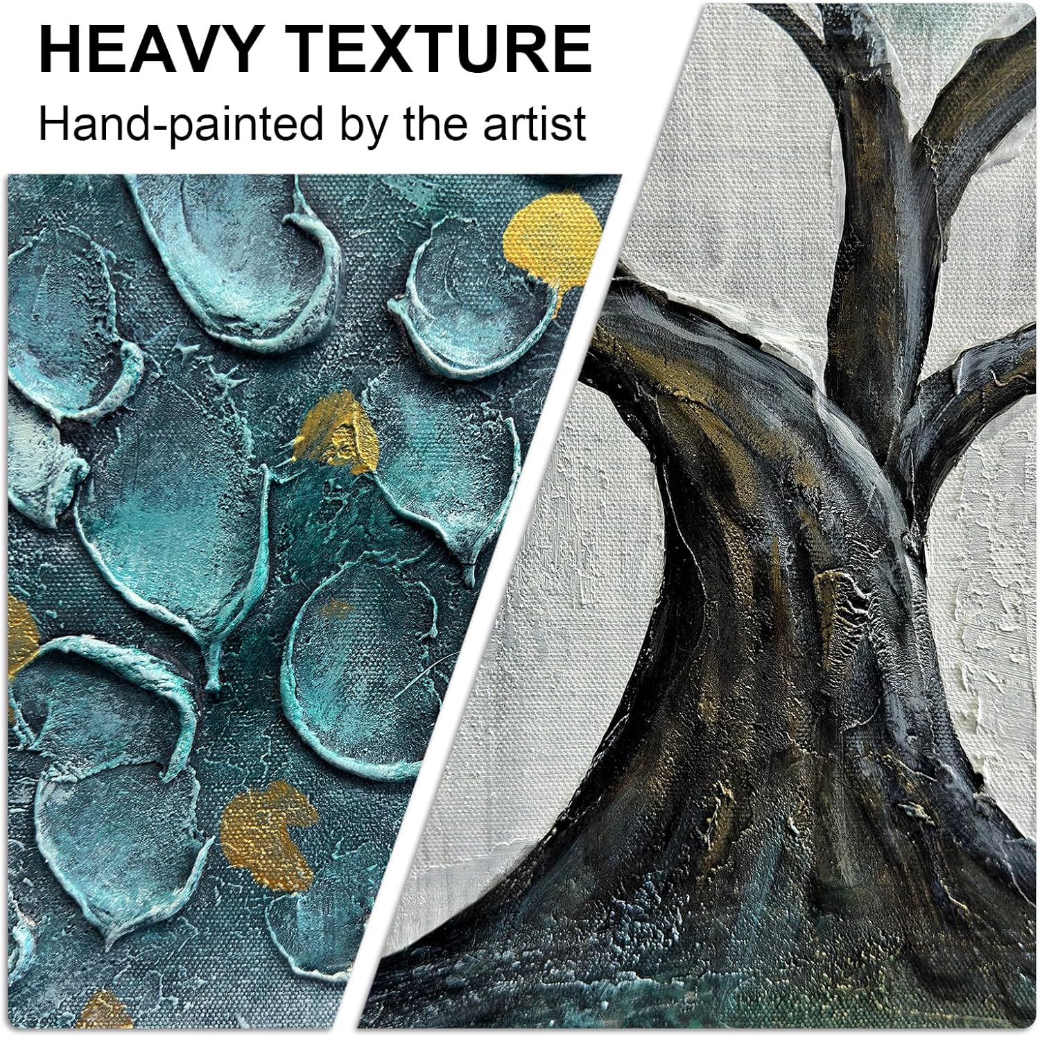 Teal Blue Tree of Life Canvas Wall Art for Living Room, Hand Painted Modern Abstract Textured Painting, Large Framed Panoramic Landscape wall art for Living Room, Bedroom, Office, Home Decor 60"x30"