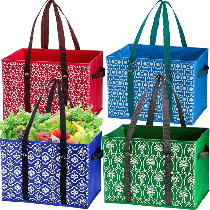 WUWEOT 4 Pack Reusable Grocery Bags, Large Shopping Box Tote, Foldable Washable Storage Bins with Reinforced Bottom Heavy Duty Handles for Fruit Vegetable Clothes Toys and Picnic