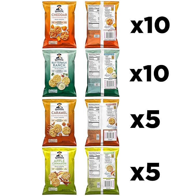 Quaker Rice Crisps, Gluten Free, 4 Flavor Sweet and Savory Variety Mix, Single Serve, 30 count