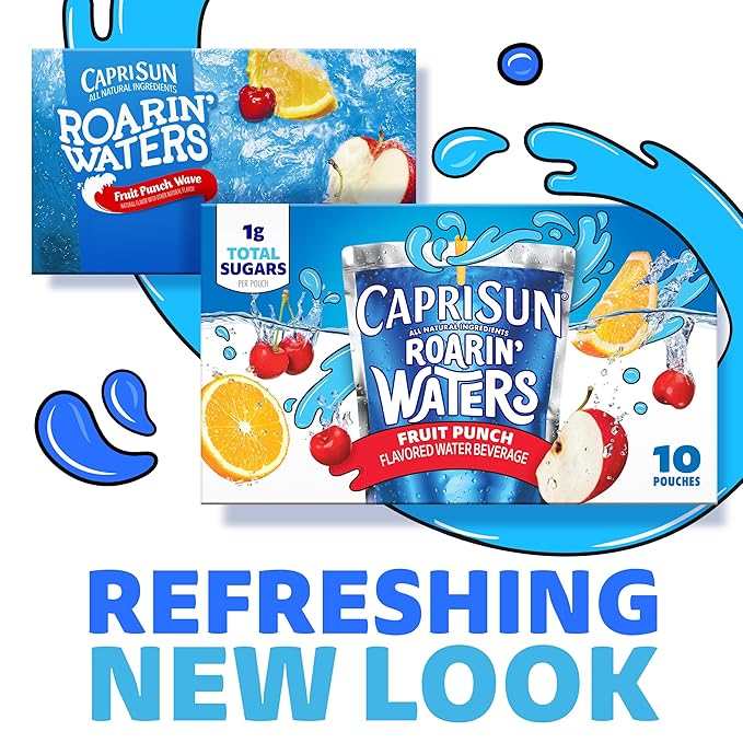 Capri Sun Roarin' Waters Fruit Punch Flavored with other natural flavor Water Beverage, 40 ct Pack, 4 Boxes of 10 Drink Pouches