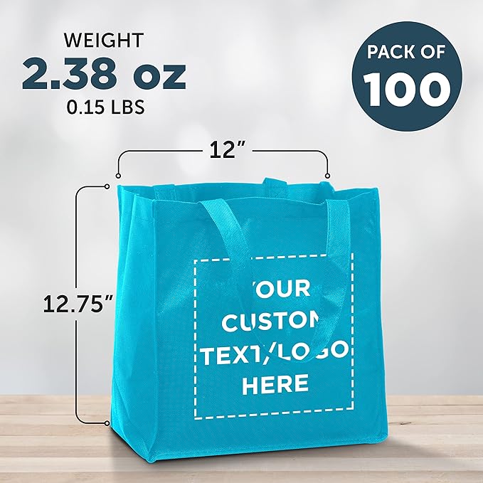 DISCOUNT PROMOS Custom Reusable Cloth Grocery Shopping Tote Bags - 100 Pack - Personalized Logo, Text - Foldable, Washable, Shopper Bag - Sky Blue