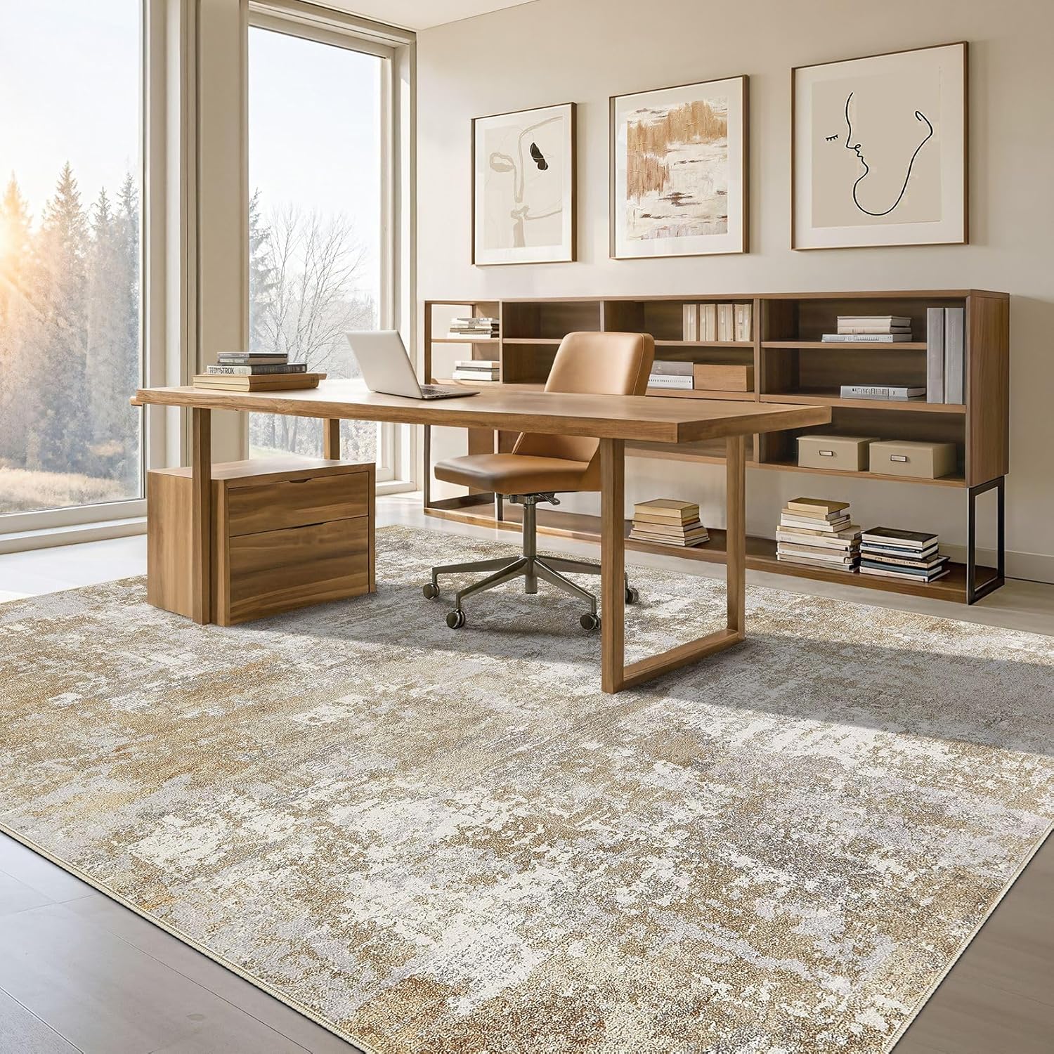 Tortania Washable 10x14 Area Rug for Living Room: Modern Abstract Neutral Large Soft Thin Rugs - Non Slip Indoor Carpet for Bedroom Dining Room Office Nursery Home Floor Decoration - Brown Grey