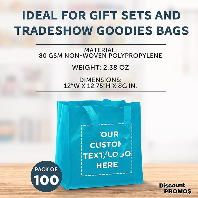DISCOUNT PROMOS Custom Reusable Cloth Grocery Shopping Tote Bags - 100 Pack - Personalized Logo, Text - Foldable, Washable, Shopper Bag - Sky Blue