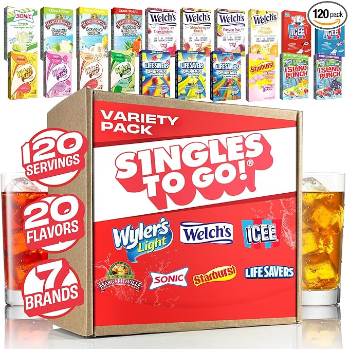 Singles To Go! 120ct Bulk Variety Pack - 20 Different Flavors from Margaritaville, Welch's, Lifesavers, and More - Sugar Free Drink Mix Packets - Sugar Free Water Flavoring Packets - Powdered Drink Mix