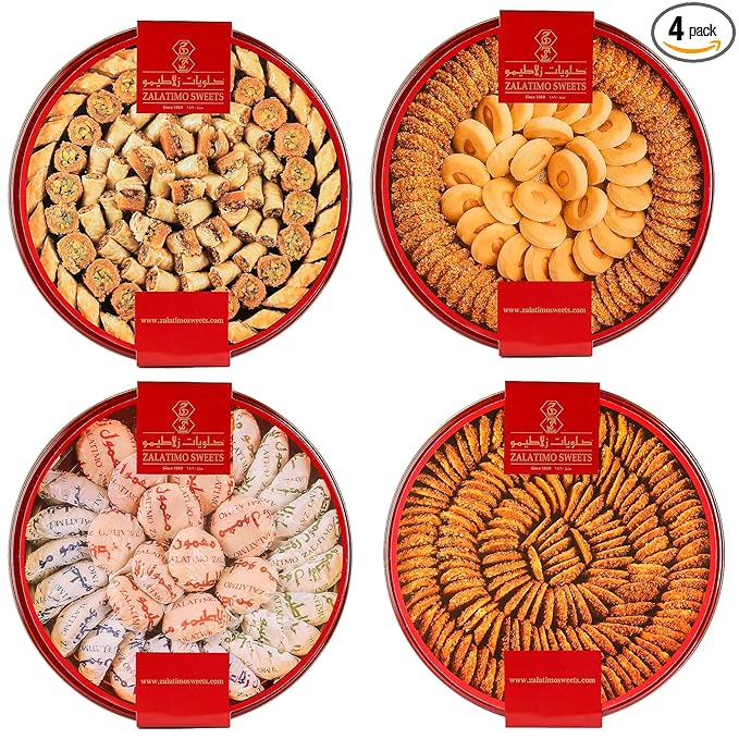 Zalatimo Sweets Since 1860 Cookies Gift Box, 100% Natural Slightly Sweet Shortbread Cookies Variety Pack, Assorted Cookies in Metal Gift Tin, Great for Christmas, Thanksgiving & Birthdays (Pack of 4)