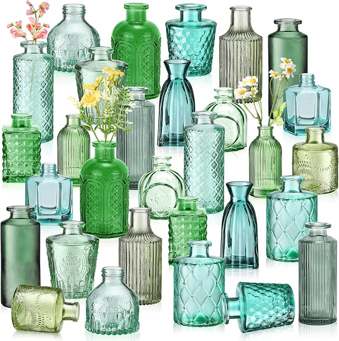 Yaomiao 30 Pcs Vases Bulk Colored Flower Glass Vases Bud Vintage Colored Glass Bottles Colorful Rustic Embossed for Home Wedding Table Decorations Gifts(Green Series)