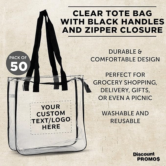 DISCOUNT PROMOS Custom Clear Tote Bags Set of 50, Personalized Bulk Pack - Reusable, Great for Shopping, Grocery, Beach, Picnic, Wedding Favors - Black Clear