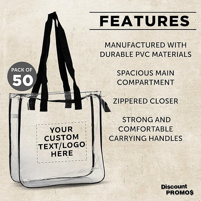 DISCOUNT PROMOS Custom Clear Tote Bags Set of 50, Personalized Bulk Pack - Reusable, Great for Shopping, Grocery, Beach, Picnic, Wedding Favors - Black Clear