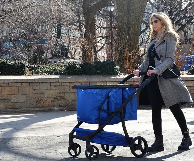 GreenCart Lightweight Cart with Reusable and Foldable 3 Shopping Bags Easy for Shopping and Carrying Groceries in Store (Black Frame + 3 Blue Baskets)